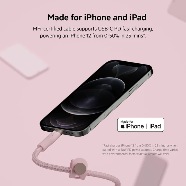 Alt view image 2 of 5 - Belkin USB C to Lightning Braided Cable 6.6ft Fast iPhone Charger Cord