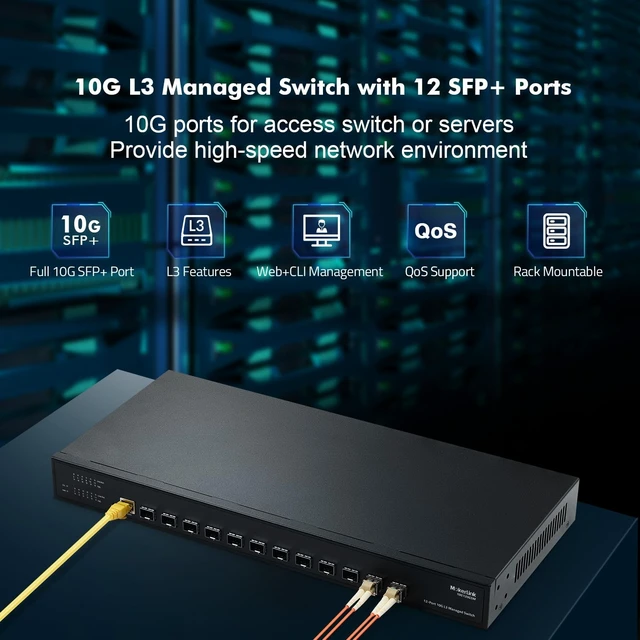 Alt view image 2 of 5 - MokerLink 12 Port 10Gbps SFP+ Managed Switch, Support 1G SFP and 10G SFP+, 240Gbps Bandwidth L3 Managed Fiber Switch