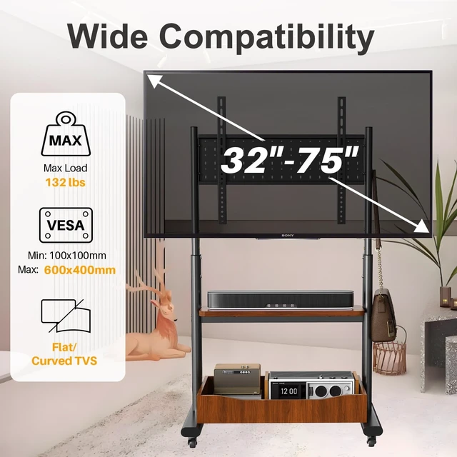 Alt view image 2 of 5 - Hovadova Heavy Duty Rolling TV Stand for 32-75 Inch TVs, 132 lbs Capacity