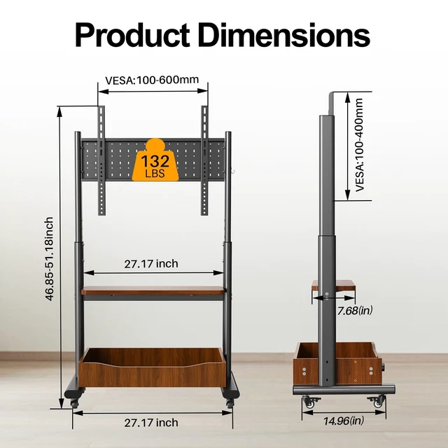 Alt view image 5 of 5 - Hovadova Heavy Duty Rolling TV Stand for 32-75 Inch TVs, 132 lbs Capacity