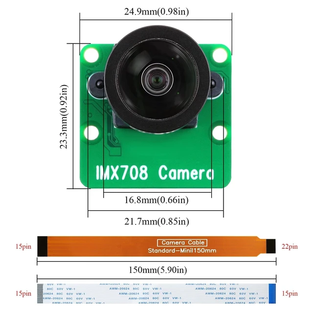 Alt view image 3 of 5 - IMX708 12MP Camera Module with M12 Lens, 152 FOV Wide Angle Camera Manual Focus High Dynamic Range (HDR) Includes 22-22pin, 15-22pin Cable Compatible with Raspberry Pi 5/4B+/3B+/3B/Zero