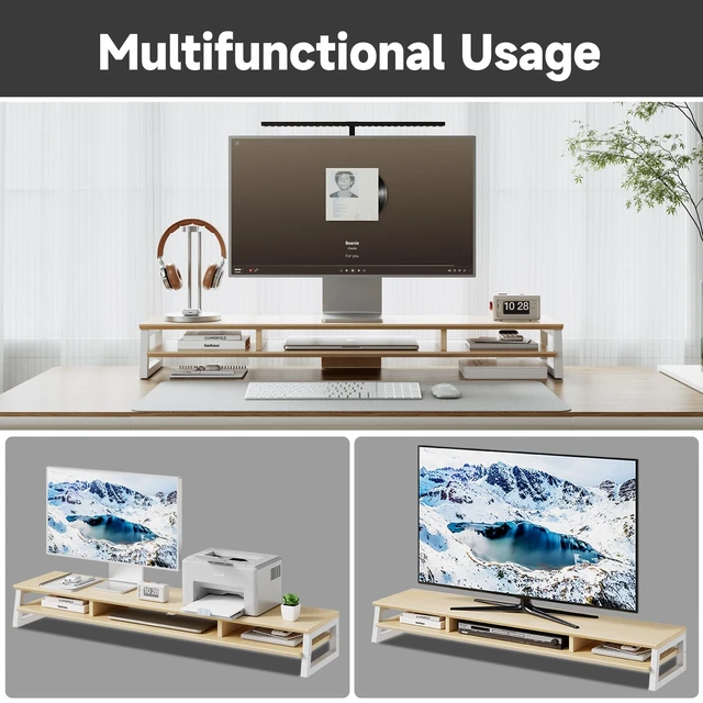 Alt view image 5 of 5 - YOGRFA Dual Monitor Stand Riser for Desk, 41.7 Inch Large 2 Tier Computer Monitor Stand for 2 Monitors, Desktop Storage Organizer Shelf with Keyboard Space for Laptop PC Printer, Beige