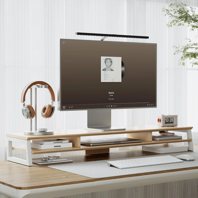 Alt view image 2 of 5 - YOGRFA Dual Monitor Stand Riser for Desk, 41.7 Inch Large 2 Tier Computer Monitor Stand for 2 Monitors, Desktop Storage Organizer Shelf with Keyboard Space for Laptop PC Printer, Beige
