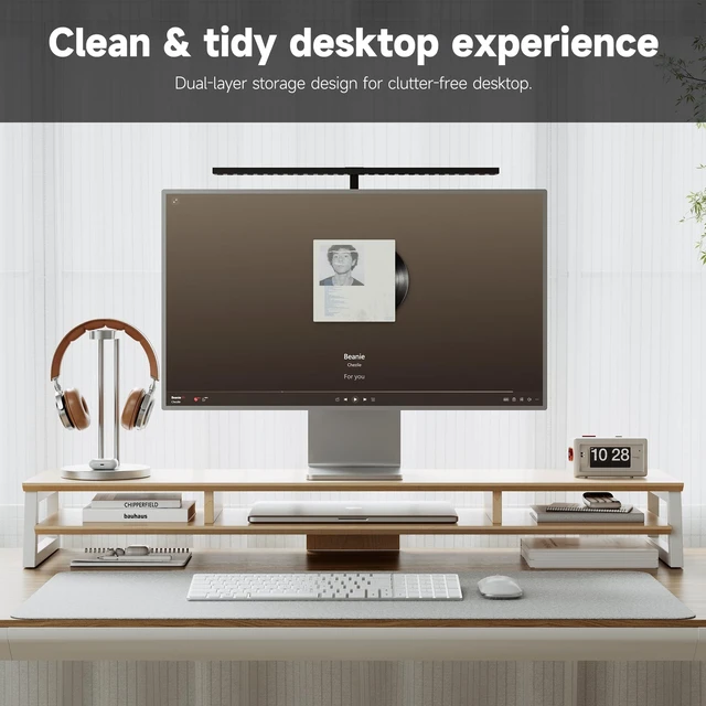 Alt view image 3 of 5 - YOGRFA Dual Monitor Stand Riser for Desk, 41.7 Inch Large 2 Tier Computer Monitor Stand for 2 Monitors, Desktop Storage Organizer Shelf with Keyboard Space for Laptop PC Printer, Beige