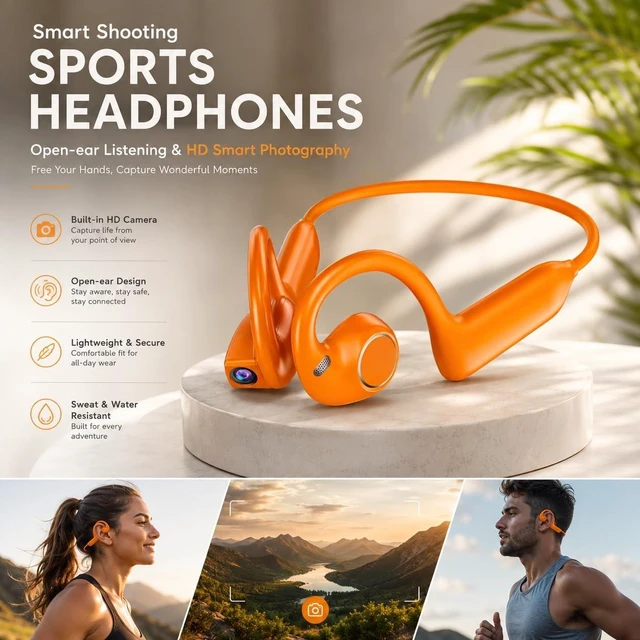 Alt view image 3 of 5 - Shine Flares E12 Bone Conduction Headphones with Camera, 8MP AI Headset