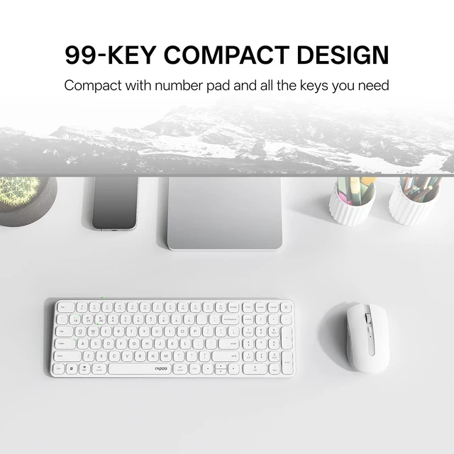 Alt view image 5 of 5 - Rapoo 9350S Multi-Device Keyboard and Mouse Combo, 2.4GHz/Bluetooth 5.0/4.0 Wireless Keyboard & Mouse Set for Windows/Mac/Linux/Chrome, Support 4 Devices, Rechargeable, Silent Click, White