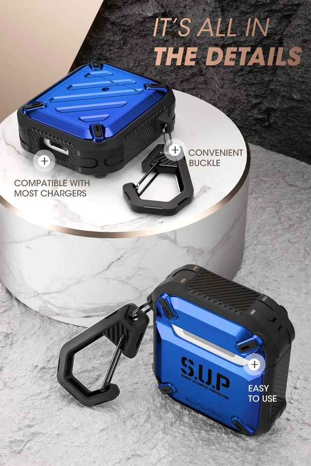 Alt view image 5 of 5 - SUPCASE Unicorn Beetle Pro Series Case Designed for Airpods 1 & 2, Full-Body Rugged Protective Case with Carabiner for Apple Airpods 1st & 2nd (Blue)