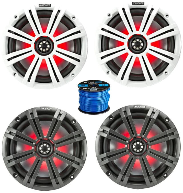 Main image of 2 Pair (Qty 4) of Kicker KM 8" 300 Watt Peak Power Marine Multi Color LED Coaxial Boat Speakers with Charcoal and White Grilles, Speaker Wire