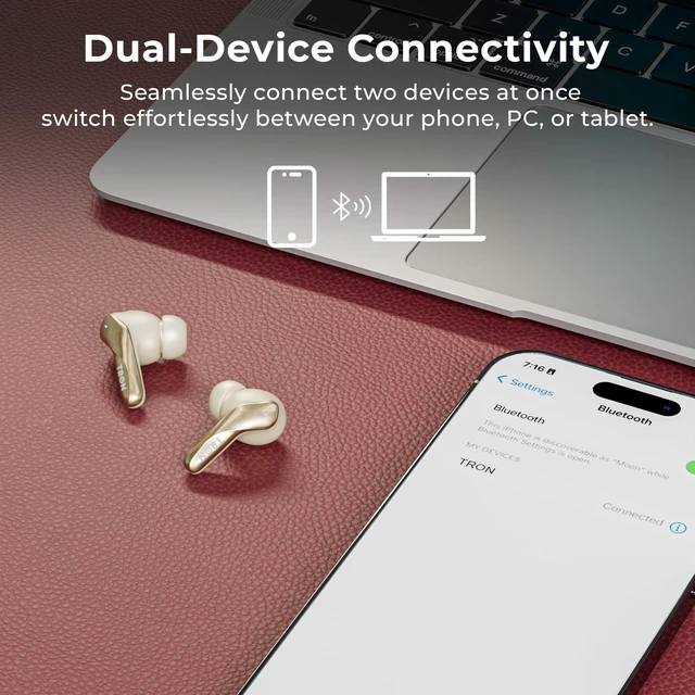 Alt view image 3 of 5 - TRON Wireless Earbuds with -52dB Hybrid Active Noise Cancelling, 6-Mic ENC Clear Calls, 26H Playtime, Low Latency,Spatial Sound, 26H Playtime, HiFi Stereo, in-Ear Headphones (Champagne Gold)