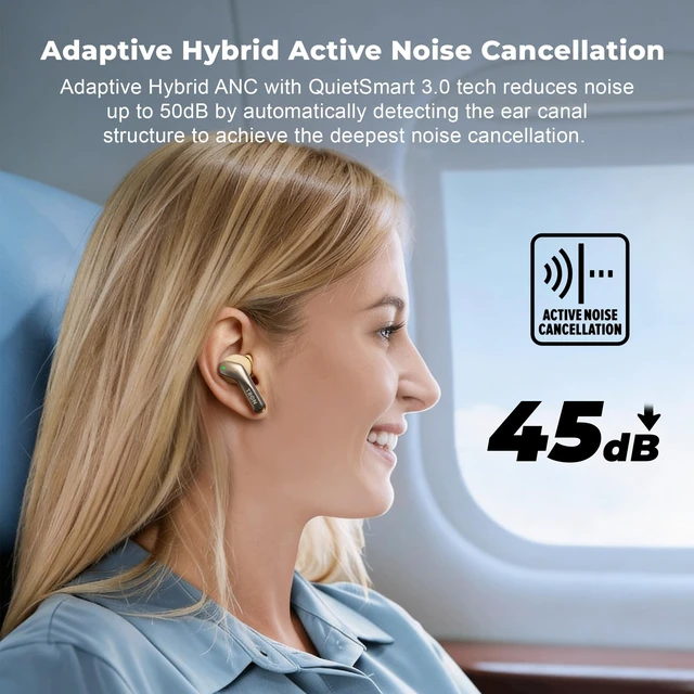 Alt view image 4 of 5 - TRON Wireless Earbuds with -52dB Hybrid Active Noise Cancelling, 6-Mic ENC Clear Calls, 26H Playtime, Low Latency,Spatial Sound, 26H Playtime, HiFi Stereo, in-Ear Headphones (Champagne Gold)