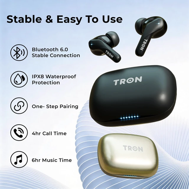 Alt view image 5 of 5 - TRON Wireless Earbuds with -52dB Hybrid Active Noise Cancelling, 6-Mic ENC Clear Calls, 26H Playtime, Low Latency,Spatial Sound, 26H Playtime, HiFi Stereo, in-Ear Headphones (Champagne Gold)