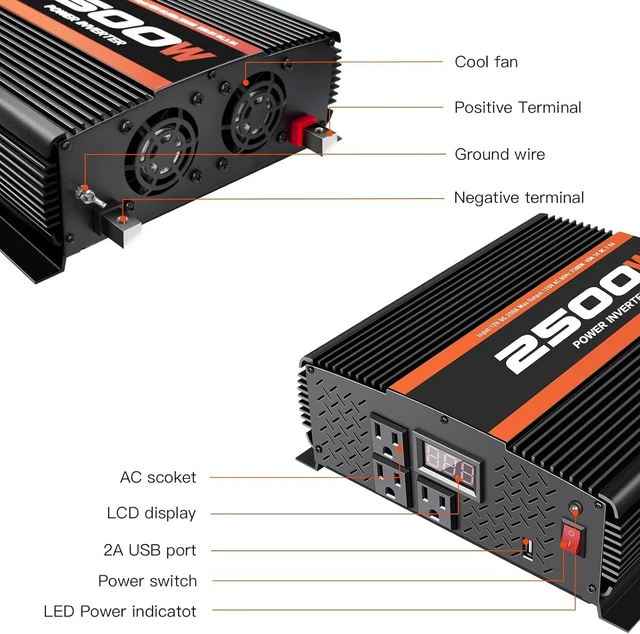 Alt view image 3 of 5 - 2500W Inverter 12V DC to 120V AC Converter for Home, RV, Truck, Off-Grid Solar Power Inverter with Built-in 5V/2.1A USB, AC Hardwire Port, Remote Controller