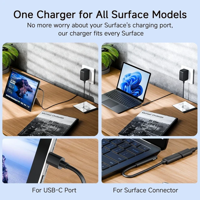 Alt view image 2 of 5 - 10ft Charger for Microsoft Surface Pro 11, 10, 9, 8, 7+, 7, X, 6, 5, 4, 3, 65W Power Adapter for Windows Surface Laptop 7/6/5/4/3/2/1, Go Tablet, Book 3/2/1, 10ft USB-C Cable, Original Quality