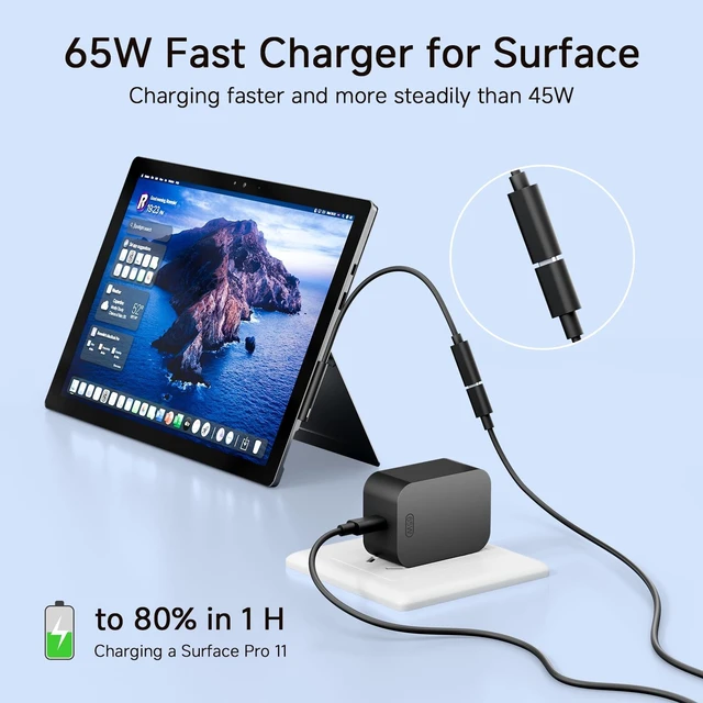 Alt view image 3 of 5 - 10ft Charger for Microsoft Surface Pro 11, 10, 9, 8, 7+, 7, X, 6, 5, 4, 3, 65W Power Adapter for Windows Surface Laptop 7/6/5/4/3/2/1, Go Tablet, Book 3/2/1, 10ft USB-C Cable, Original Quality