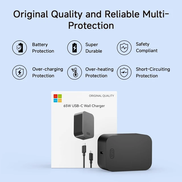 Alt view image 5 of 5 - 10ft Charger for Microsoft Surface Pro 11, 10, 9, 8, 7+, 7, X, 6, 5, 4, 3, 65W Power Adapter for Windows Surface Laptop 7/6/5/4/3/2/1, Go Tablet, Book 3/2/1, 10ft USB-C Cable, Original Quality