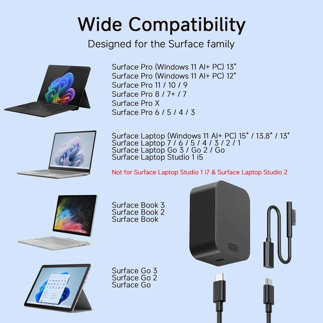 Alt view image 4 of 5 - 10ft Charger for Microsoft Surface Pro 11, 10, 9, 8, 7+, 7, X, 6, 5, 4, 3, 65W Power Adapter for Windows Surface Laptop 7/6/5/4/3/2/1, Go Tablet, Book 3/2/1, 10ft USB-C Cable, Original Quality