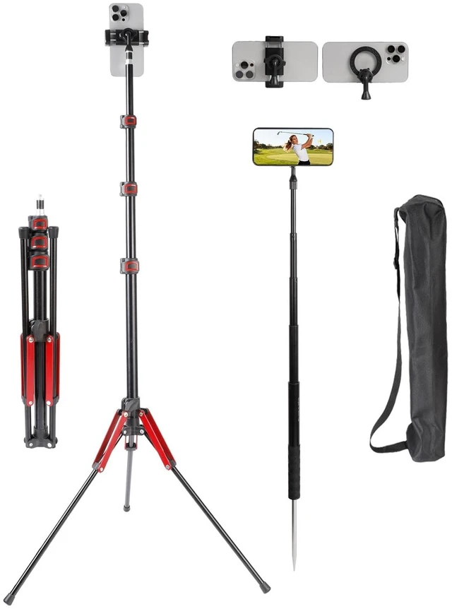 Main image of Golf Tripod & Monopod 2-in-1 Phone Stand Holder with Spike Stake, 75" Extendable Selfie Stick Tripod for Recording Golf Swing, Magnetic Ground Mount for MagSafe & Smartphones - Stable Hands-Free Video