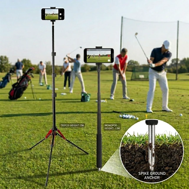 Alt view image 2 of 5 - Golf Tripod & Monopod 2-in-1 Phone Stand Holder with Spike Stake, 75" Extendable Selfie Stick Tripod for Recording Golf Swing, Magnetic Ground Mount for MagSafe & Smartphones - Stable Hands-Free Video