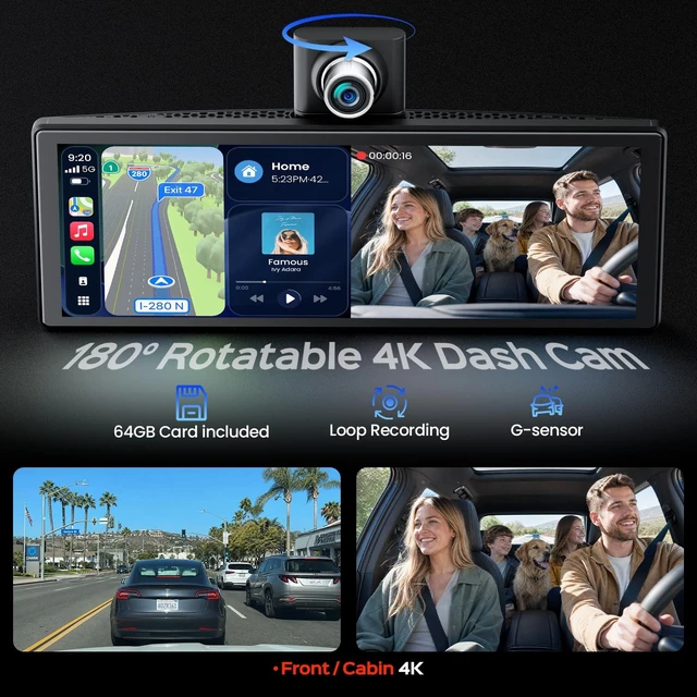 Alt view image 2 of 5 - 10.3-Inch HD Wireless CarPlay Screen for Car with Rotatable 4K Dash Cam