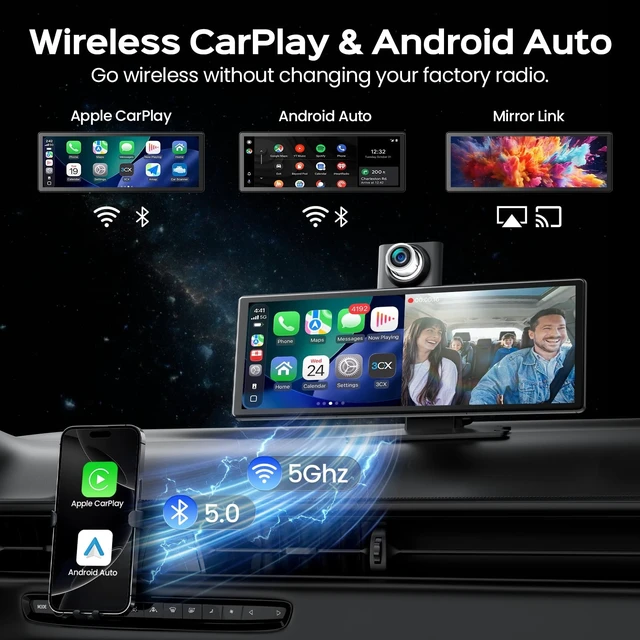 Alt view image 3 of 5 - 10.3-Inch HD Wireless CarPlay Screen for Car with Rotatable 4K Dash Cam