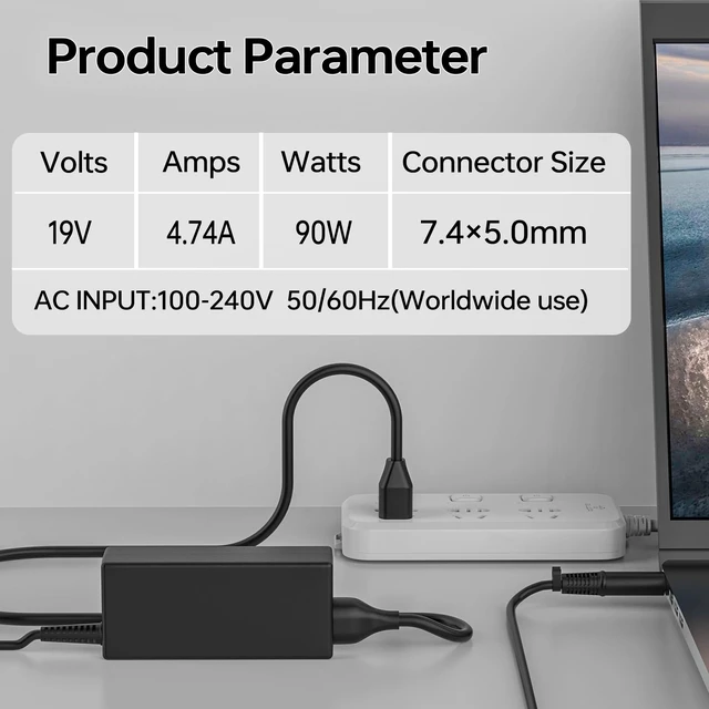 Alt view image 4 of 5 - 90W 19V 4.74A Power Supply Compatible with HP EliteBook 8440p 8440w 8740w 391173001 Laptop Power Supply Adapter 7.4mm5.0mm Tip