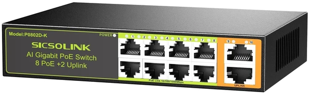 Main image of SICSOLINK 10-Port Gigabit PoE+ Switch, 8 PoE+, 2 Uplink, 120W Unmanaged