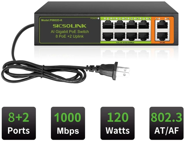 Alt view image 2 of 5 - SICSOLINK 10-Port Gigabit PoE+ Switch, 8 PoE+, 2 Uplink, 120W Unmanaged