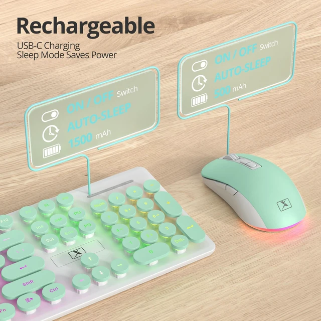 Alt view image 3 of 5 - Vumilstek Backlit Wireless Keyboard and Mouse, 2.4GHz Light Up Typewriter Rechargeable Cordless Quiet Keyboard with USB Receiver for PC/Laptop (Cyan)