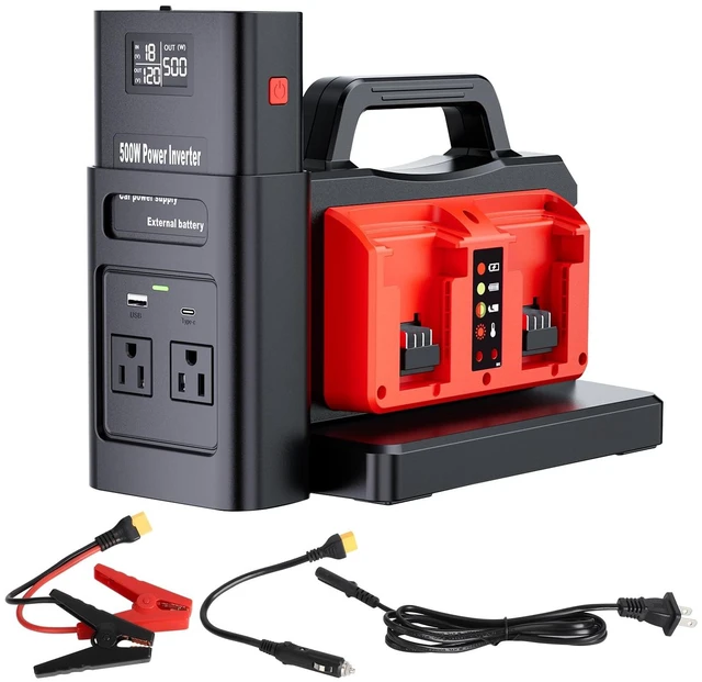 Main image of Pure Sine Wave Inverter Compatible with Milw-auke 18V Battery, 2 in 1 500W 4 Ports Power Inverter Battery Charger Generator DC 20V to AC* 2 Outlets, 120V Car Charger Plug, USB&Type-C (Tool Only)