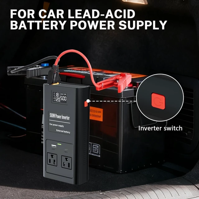 Alt view image 3 of 5 - Pure Sine Wave Inverter Compatible with Milw-auke 18V Battery, 2 in 1 500W 4 Ports Power Inverter Battery Charger Generator DC 20V to AC* 2 Outlets, 120V Car Charger Plug, USB&Type-C (Tool Only)