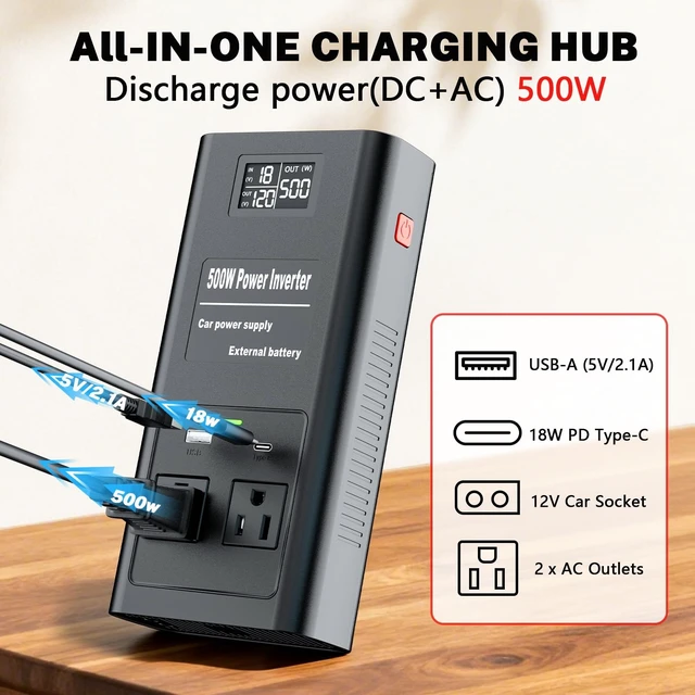 Alt view image 4 of 5 - Pure Sine Wave Inverter Compatible with Milw-auke 18V Battery, 2 in 1 500W 4 Ports Power Inverter Battery Charger Generator DC 20V to AC* 2 Outlets, 120V Car Charger Plug, USB&Type-C (Tool Only)