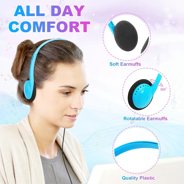 Alt view image 3 of 5 - Wensdo Kids Headphones Bulk 10 Pack for School Classroom Students K-12, Children Wired Adjustable On Ear Earphones Class Set for Library Airplane Computer 3.5mm Jack (HY103,10 Mixed)