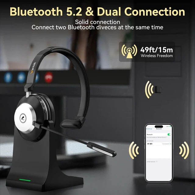 Alt view image 3 of 5 - Wireless Headset with Mic, Bluetooth Headset with Noise Cancelling Mic
