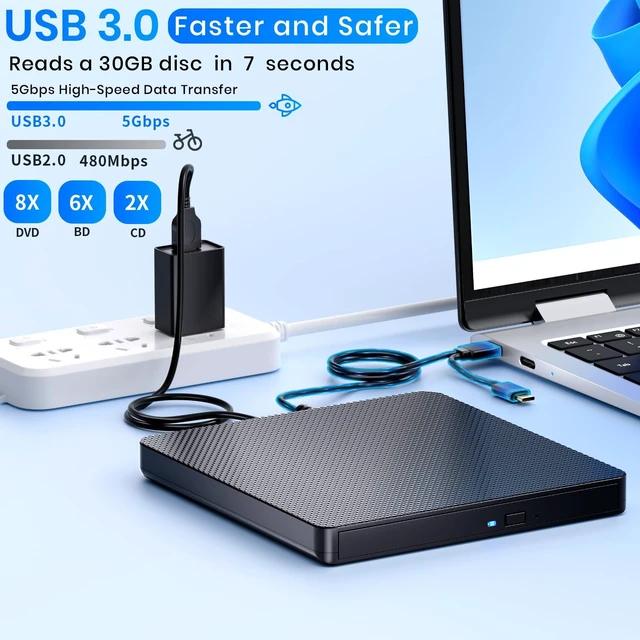 Alt view image 2 of 5 - Dainty External Blu ray Drives Player Read Compatible CD DVD Burner USB 3.0 / Type-C BD DVD Burner Blu ray Player for pc, Windows 7-11 & MacBlack