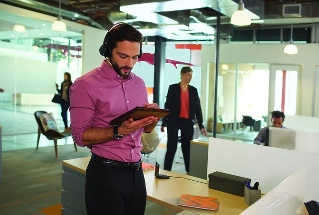 Alt view image 2 of 5 - Plantronics - Voyager Focus UC (Poly) - Bluetooth Dual-Ear (Stereo) Headset with Boom Mic - USB-A Compatible with PC and/or Mac - Active Noise Canceling - Works with Teams (Certified), Zoom & more
