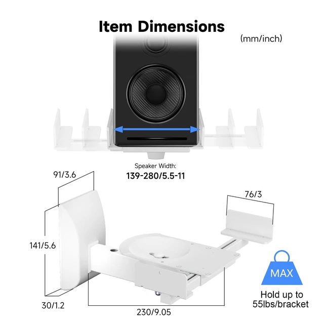 Alt view image 3 of 5 - suptek Dual Side Clamping Bookshelf Speaker Wall Mounting Bracket for Large Surrounding Sound Speakers, Hold Up to 55 lbs, White (SPM201W)