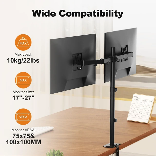 Alt view image 3 of 5 - Suptek Dual Monitor Desk Mount, Adjustable Dual Monitor Arm for 2 Computer Screens up to 27 inch, Extra Tall 31.5" Pole Dual Monitor Stand for Desk, Holds up to 22 lbs(MD6842)