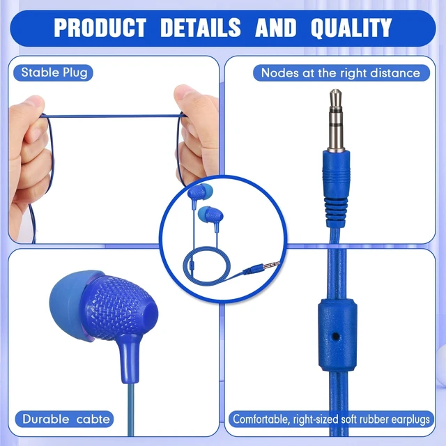 Alt view image 4 of 5 - Macarrie 200 Pack Earbuds Bulk Headphones 3.5 mm Classroom, Blue