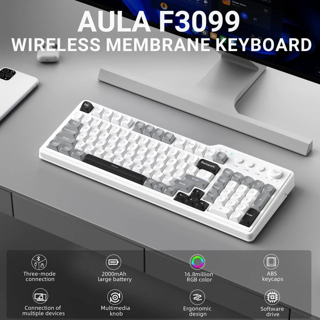 Alt view image 2 of 5 - Aula F3099 Wireless Gaming Computer Keyboard with Number Pad & Knob