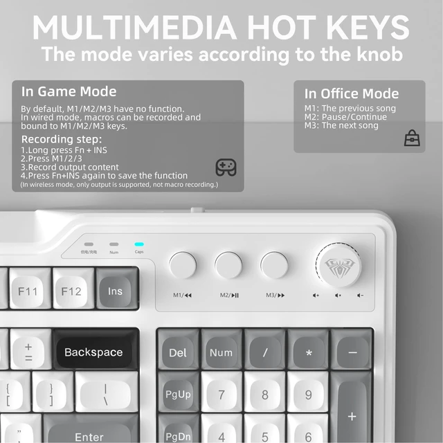 Alt view image 4 of 5 - Aula F3099 Wireless Gaming Computer Keyboard with Number Pad & Knob