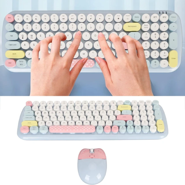 Alt view image 3 of 5 - Vikye Cute Typewriter Design Wireless Keyboard Mouse, Colorful, Ergonomic, Adjustable DPI, Detachable Keycaps, Automatic Sleep Mode, 12 Multimedia Hotkeys, Wide Compatibility (Blue)
