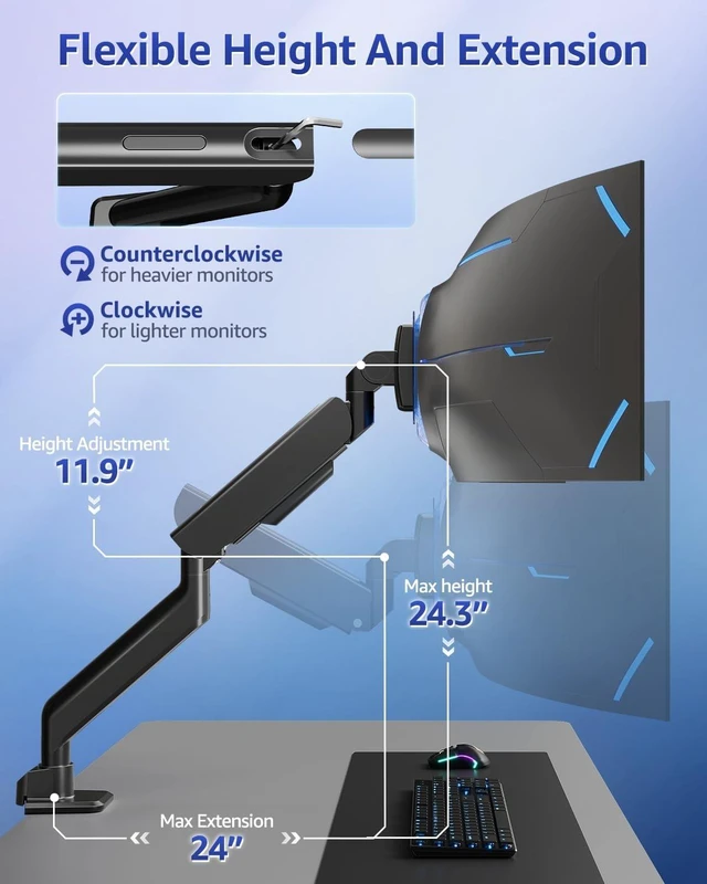 Alt view image 5 of 5 - MOUNTUP Heavy Duty Monitor Arm, Single Monitor Mount for 57" Ultrawide Monitor, Supports 4.466 lbs, Large Monitor Arm with Full Motion Adjustment, Monitor Stand for Desk, Max VESA 100x100mm