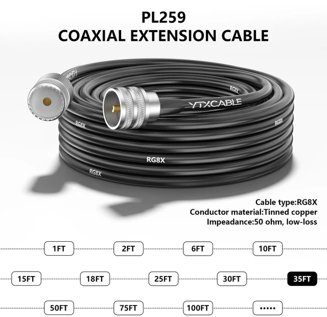 Alt view image 2 of 5 - YTXCABLE RG8X Coaxial Cable Optional, UHF Male to UHF Female Connector Jumper Cable, Low Loss 50 Ohm for CB HAM Radio, HF VHF Radio, Antenna Analyzer, SWR Meter (SO239 to PL259 RG8x, 35FT)