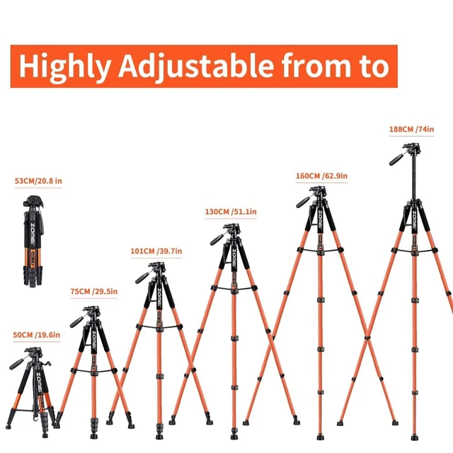 Alt view image 4 of 5 - Tripod Camera Tripods, 74" Heavy Duty Tall Camera Stand Tripod with Phone Holder, Compatible with DSLR Cameras,Cell Phones,Projector,Webcam,Spotting Scopes(Orange)