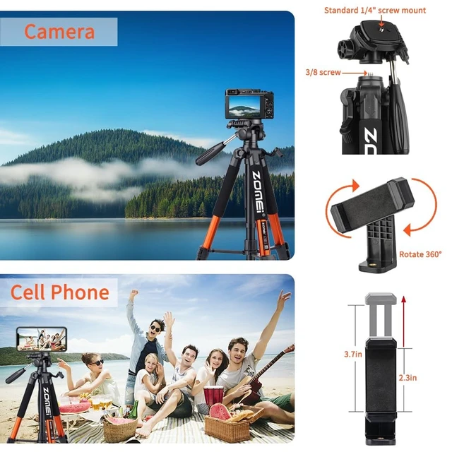 Alt view image 5 of 5 - Tripod Camera Tripods, 74" Heavy Duty Tall Camera Stand Tripod with Phone Holder, Compatible with DSLR Cameras,Cell Phones,Projector,Webcam,Spotting Scopes(Orange)