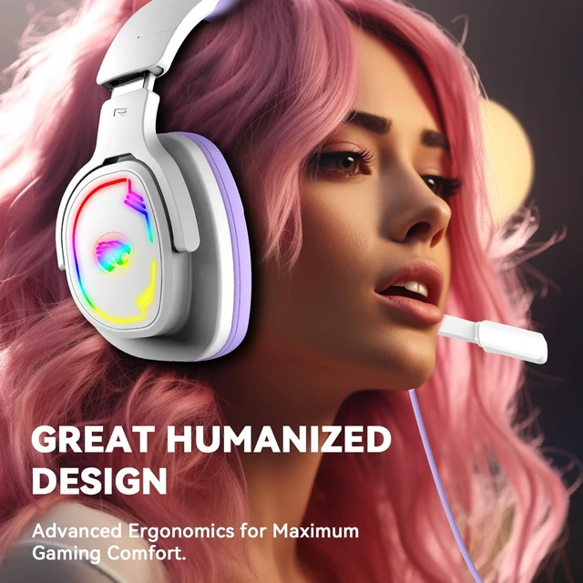 Alt view image 2 of 5 - Jimonyer Gaming Headset for PS5 PS4 PC Xbox Series X^^S Switch, 7.1 Stereo Surround Sound Over Ear Headphones with Noise Canceling Mic, RGB LED Light, Soft Memory Earmuffs for Gaming or Work, Purple