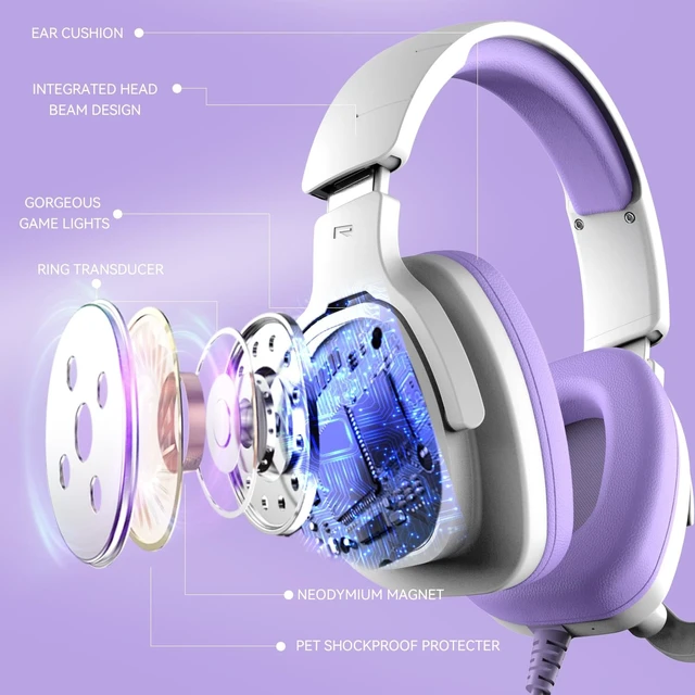 Alt view image 3 of 5 - Jimonyer Gaming Headset for PS5 PS4 PC Xbox Series X^^S Switch, 7.1 Stereo Surround Sound Over Ear Headphones with Noise Canceling Mic, RGB LED Light, Soft Memory Earmuffs for Gaming or Work, Purple