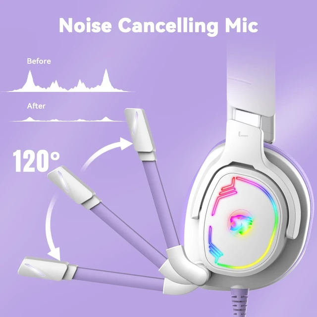 Alt view image 4 of 5 - Jimonyer Gaming Headset for PS5 PS4 PC Xbox Series X^^S Switch, 7.1 Stereo Surround Sound Over Ear Headphones with Noise Canceling Mic, RGB LED Light, Soft Memory Earmuffs for Gaming or Work, Purple