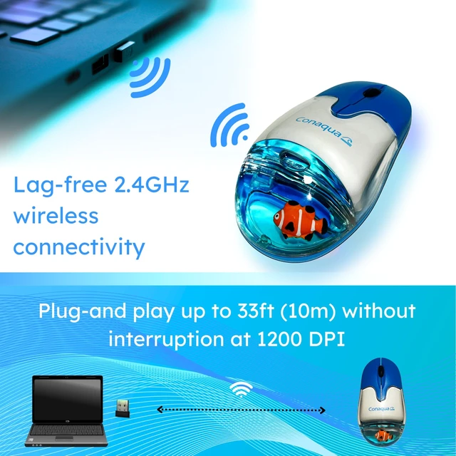 Alt view image 3 of 5 - Conaqua Liquid Aqua Computer Mouse, Rechargeable, Wireless 2.4GHz with USB Mini Reciever, 1200 DPI Optical Tracking, Ambidextrous, Retro 2000s Style, Large, CNQ-M0001