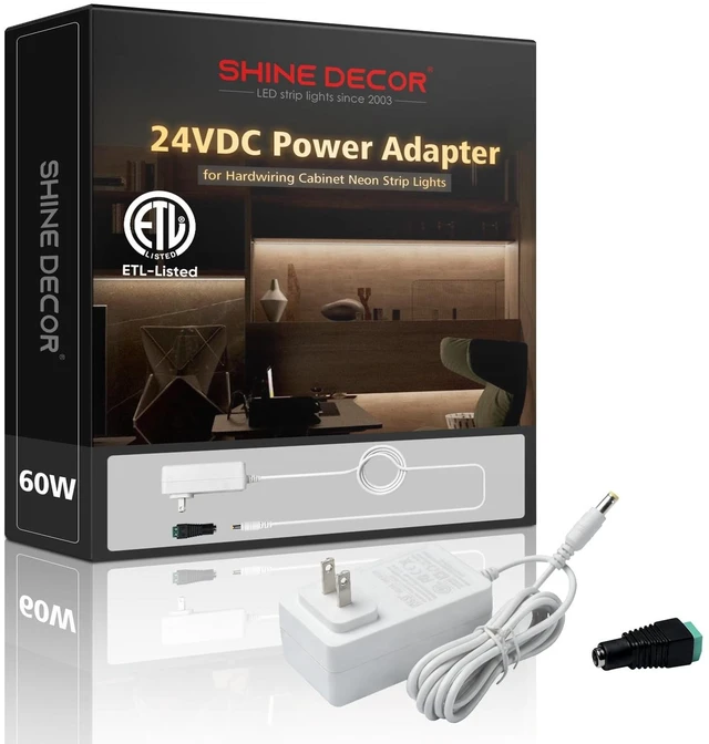 Main image of Shine Decor 60W 24VDC Plug Power Adapter, ETL Certified Safe Usage with 1.5m Cable & Terminal Connector, Suitable for 24V Under Cabinet Neon Strip Light (Max. 5m runnable) & Other Low Volt Devices